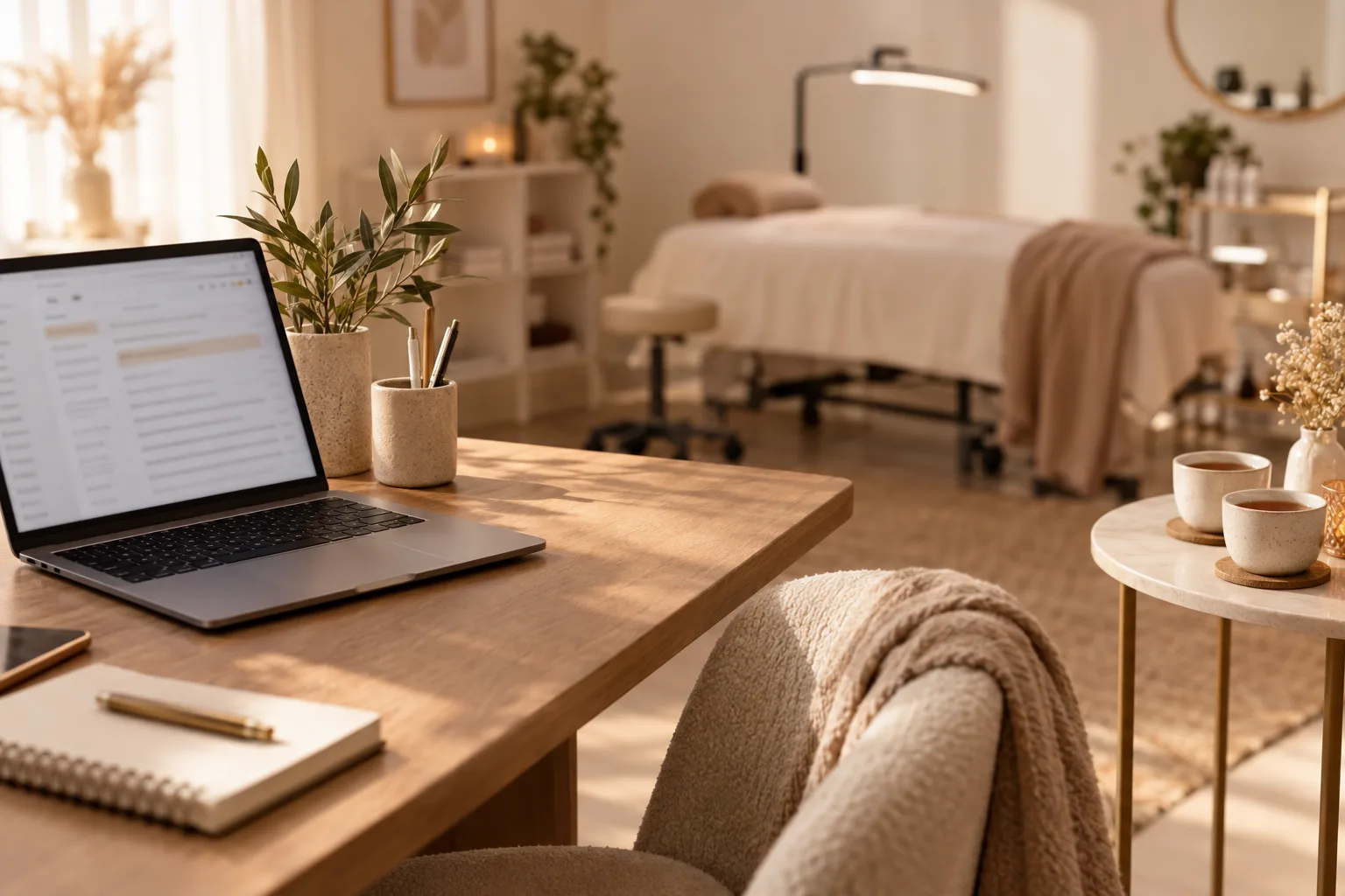 An open laptop on a studio desk facing a lash bed in the afternoon, with two cups of tea on a side table nearby