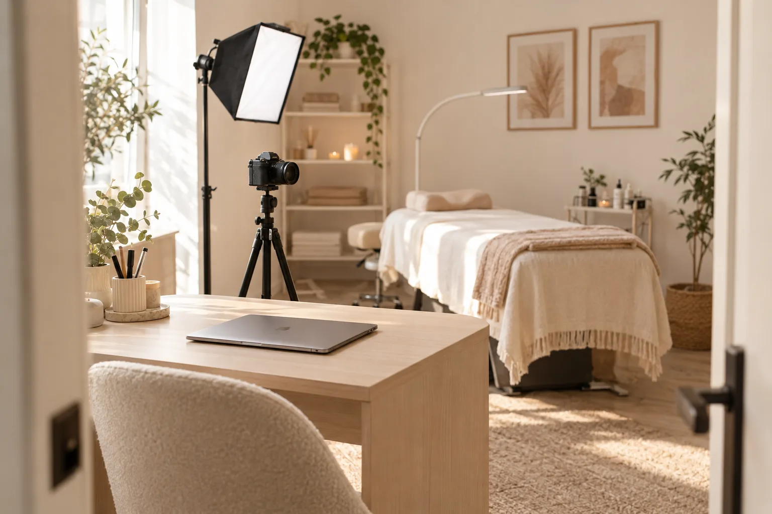 A tidy desk and closed laptop by the door of a sunny lash studio, with a mirrorless camera and a small softbox nearby