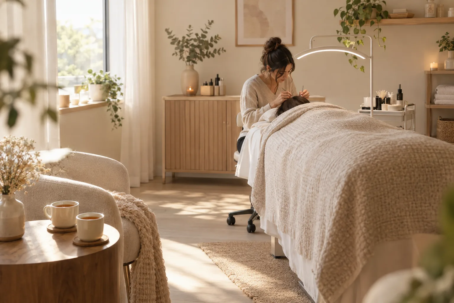 A lash artist at work across a calm studio on a bright morning, with two cups of tea on a side table nearby